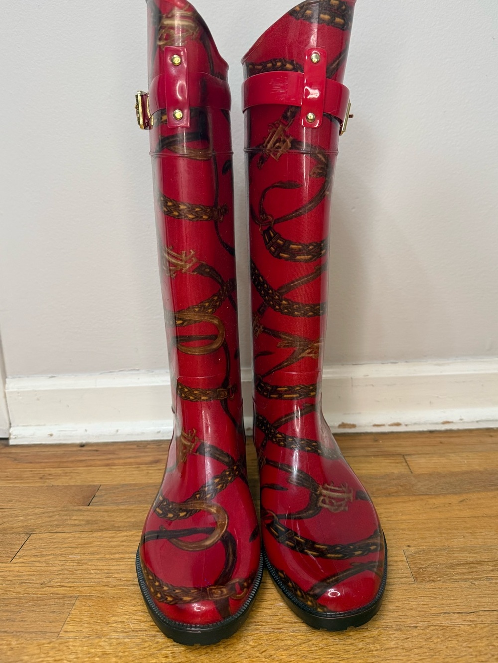 Lauren Ralph Lauren Red Equestrian Chain Print Rain Boots Size 7 - Picture 5 of 10